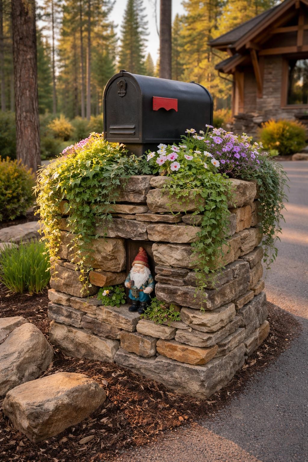 Photo of a mailbox in a raised stacked stone planter filled with trailing ivy and flowers, straight-on view from street, setting in a mountain-style front yard, late afternoon light, containing a small garden gnome tucked among the stones, iPhone photo quality.