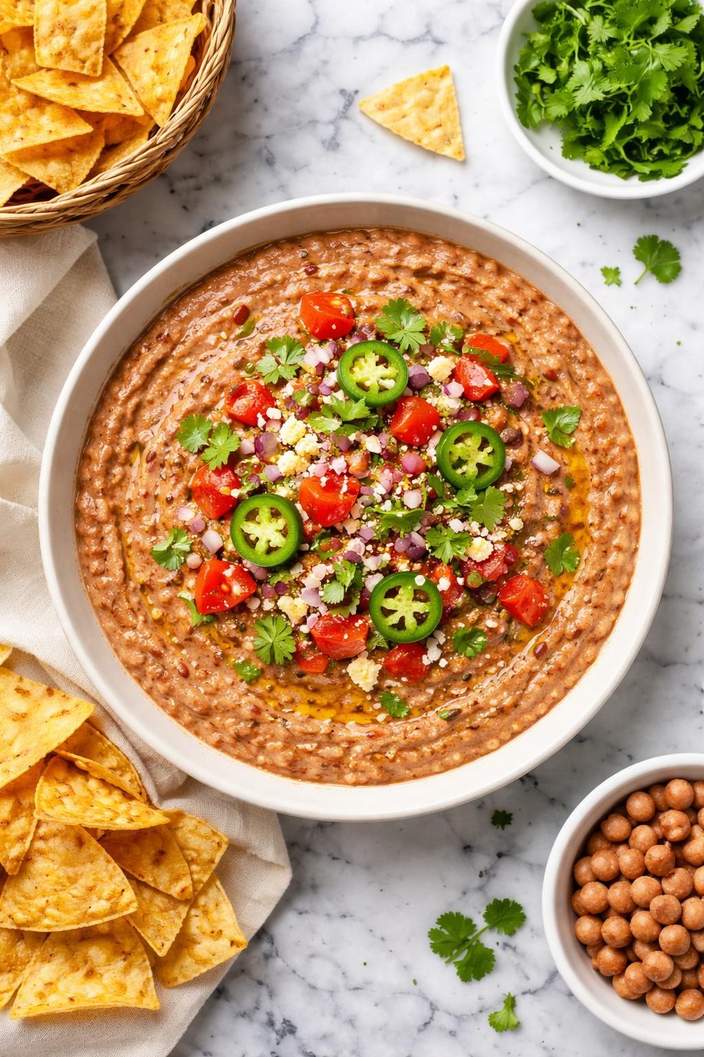 An overheard picture view of a plate of Pinto Bean Dip sitting on a marble countertop table in the kitchen, professional food photography style.