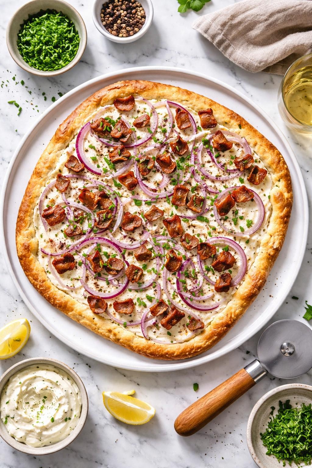 An overheard picture view of a plate of Vegan Tarte Flambée (Alsatian Onion Tart) sitting on a marble countertop table in the kitchen, professional food photography style.