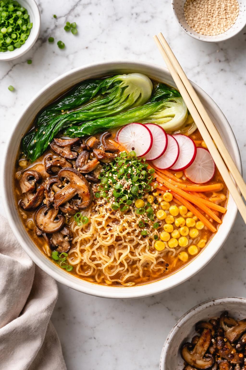 An overheard picture view of a plate of Quick Vegan Ramen sitting on a marble countertop table in the kitchen, professional food photography style.