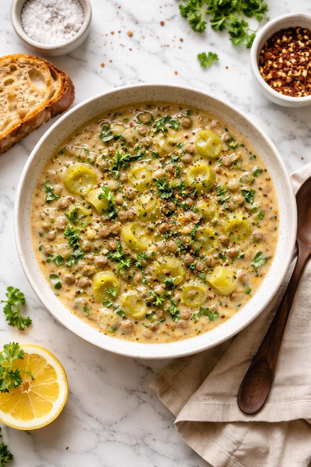 An overheard picture view of a plate of  Creamy Leek and Lentil Soup  sitting on a marble countertop table in the kitchen, professional food photography style.
