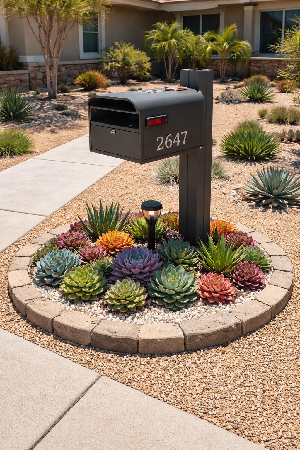 Photo of a modern mailbox with a circular bed of colorful succulents and white gravel, straight-on view from driveway, setting in a desert-style front yard, bright midday light, containing a small solar light among the plants, iPhone photo quality.