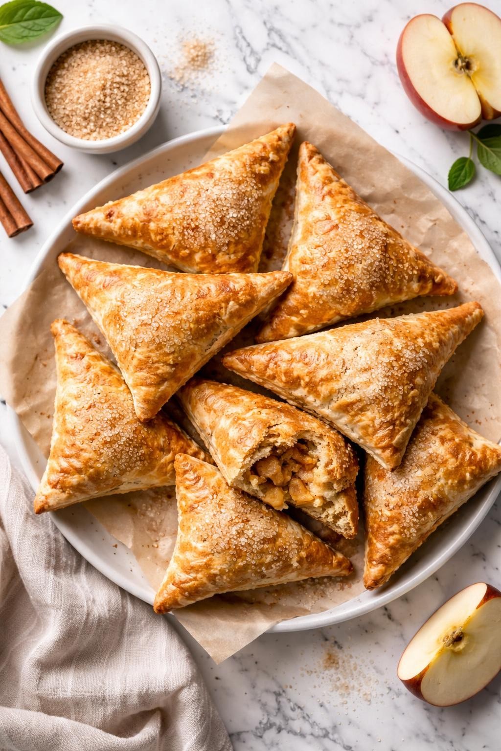 An overheard picture view of a plate of Vegan Apple Turnovers sitting on a marble countertop table in the kitchen, professional food photography style.