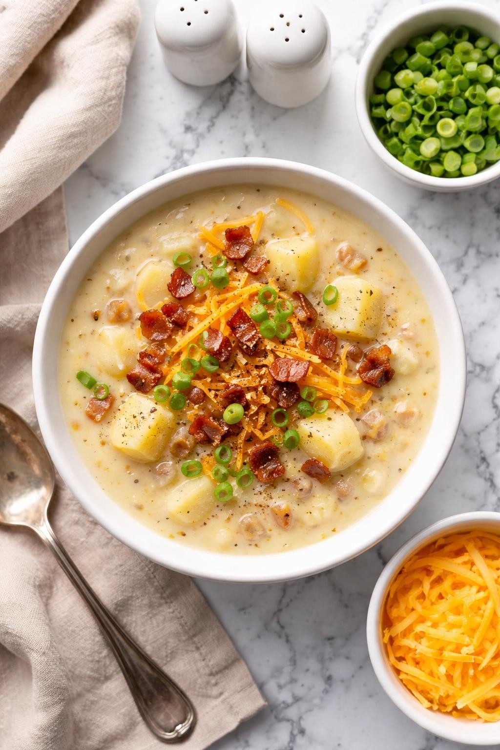 An overheard picture view of a plate of Slow Cooker Potato Soup sitting on a marble countertop table in the kitchen, professional food photography style.
