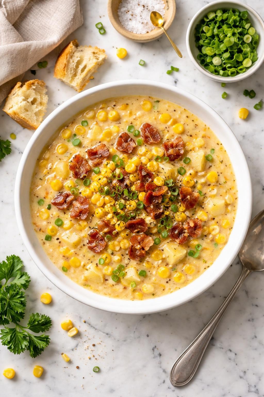 An overheard picture view of a plate of 4-Ingredient Corn Chowder sitting on a marble countertop table in the kitchen, professional food photography style.