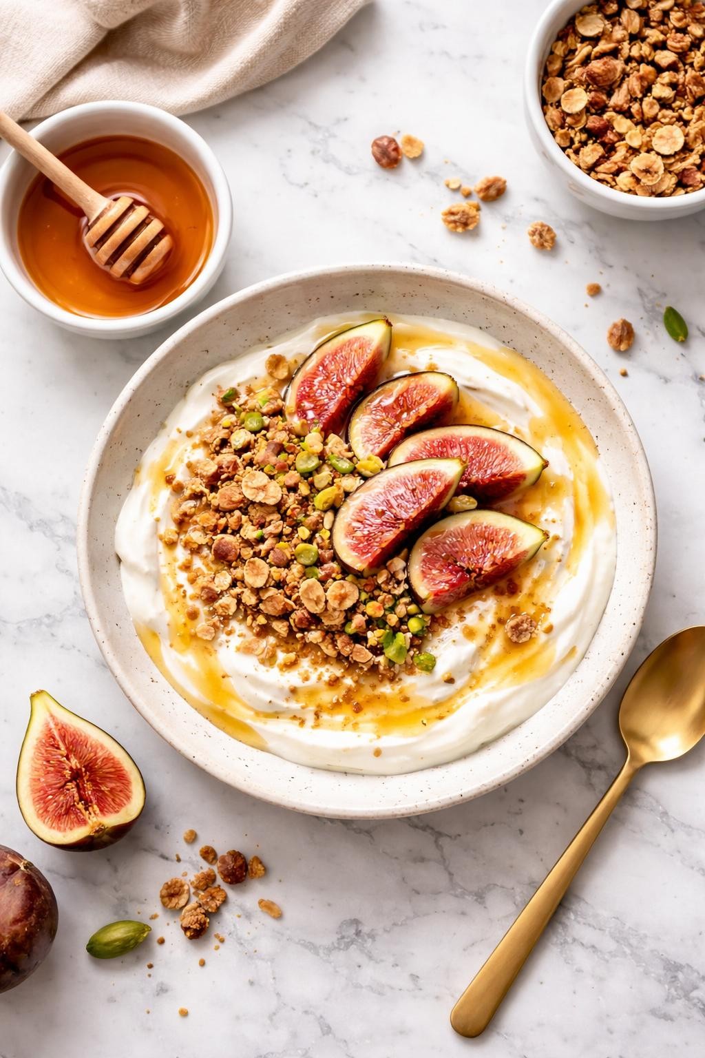 An overheard picture view of a plate of Greek Yogurt and Honey Version   sitting on a marble countertop table in the kitchen, professional food photography style.
