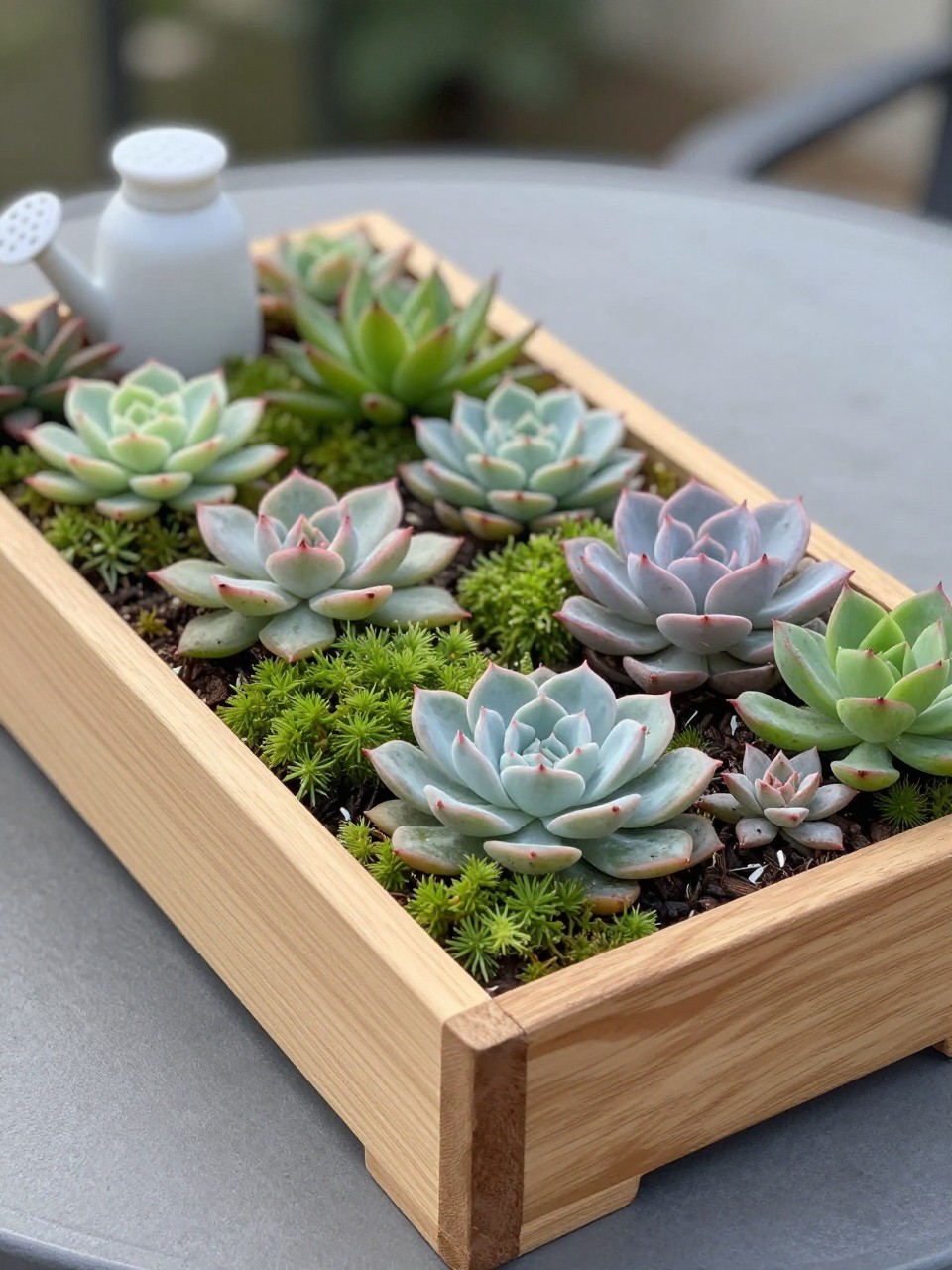Photo of a shallow wooden drawer filled with an arrangement of colorful succulents and green moss, close-up view, setting on a patio table, soft morning light, containing a small watering bottle nearby, iPhone photo quality.