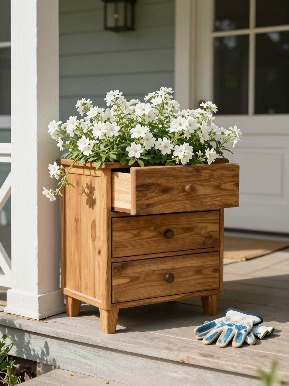 Photo of a wooden dresser drawer on short legs, filled with trailing white flowers, sitting on a porch step, corner angle view, setting on a farmhouse porch, morning light, containing a pair of gardening gloves nearby, iPhone photo quality.