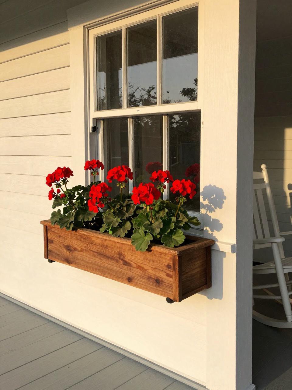 Photo of a porch window with a wooden drawer mounted below as a window box, filled with red geraniums, corner angle view, setting on a farmhouse porch, golden hour, containing a rocking chair on the porch, iPhone photo quality.