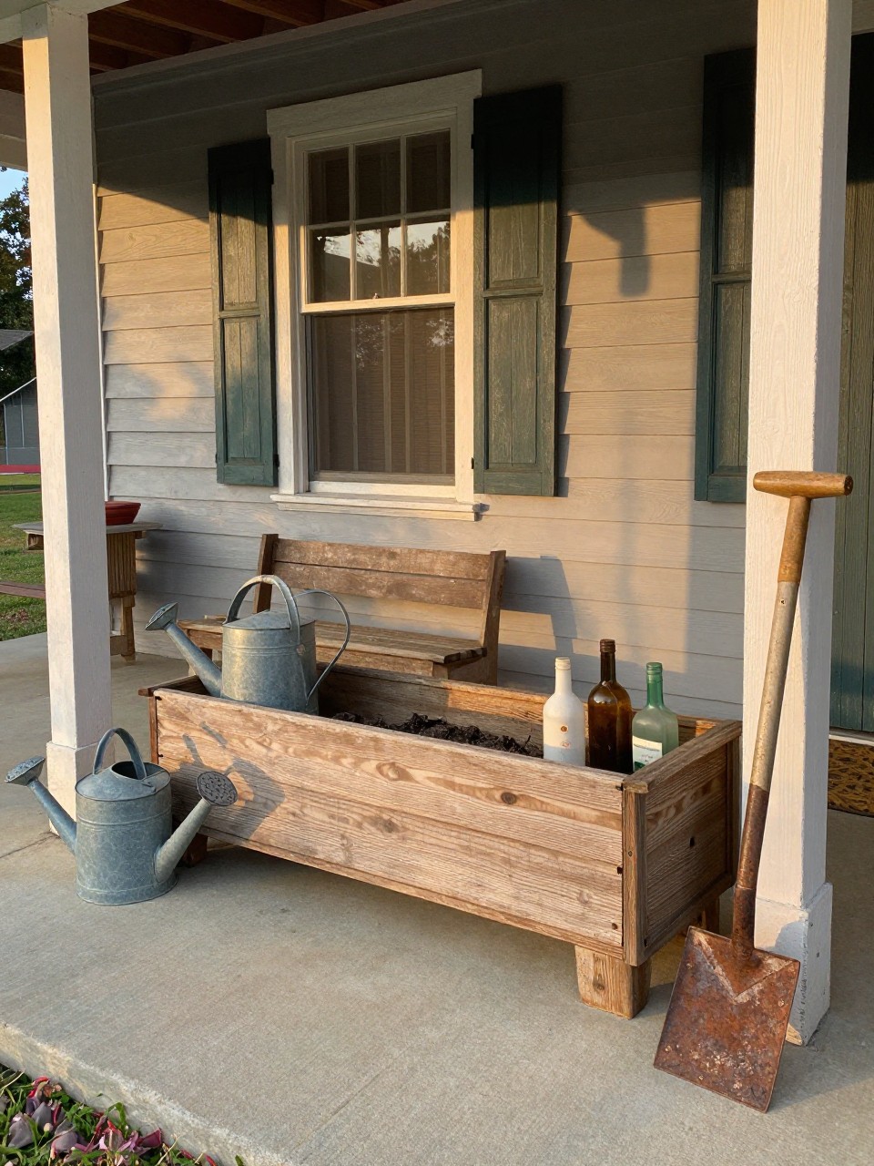 Photo of a wooden drawer planter surrounded by vintage watering cans and old bottles on a porch, wide view, setting in a rustic farmhouse porch, golden hour, containing a rusty garden tool leaning nearby, iPhone photo quality.