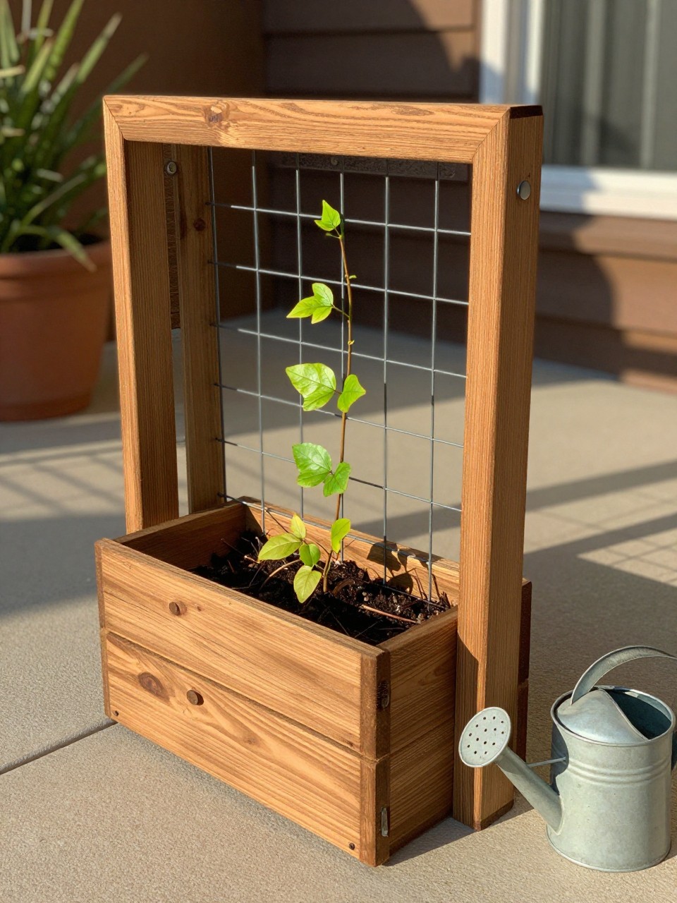Photo of a wooden drawer planter with a small wire trellis at the back, a climbing vine starting to grow up it, corner angle view, setting on a sunny patio, late afternoon light, containing a small watering can nearby, iPhone photo quality.