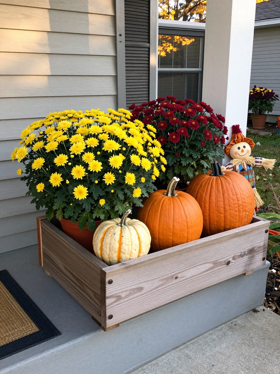 Photo of a wooden drawer planter filled with fall mums and pumpkins on a porch step, corner angle view, setting in autumn, late afternoon light, containing a small scarecrow decoration nearby, iPhone photo quality.