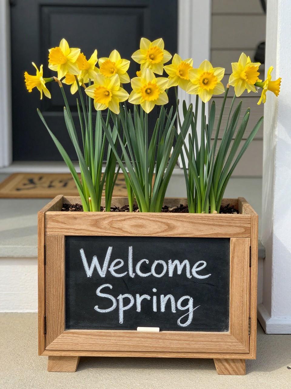 Photo of a wooden drawer planter with a chalkboard front reading "Welcome Spring" in chalk, filled with daffodils, straight-on view, setting on a porch step, morning light, containing a piece of chalk on the drawer edge, iPhone photo quality.