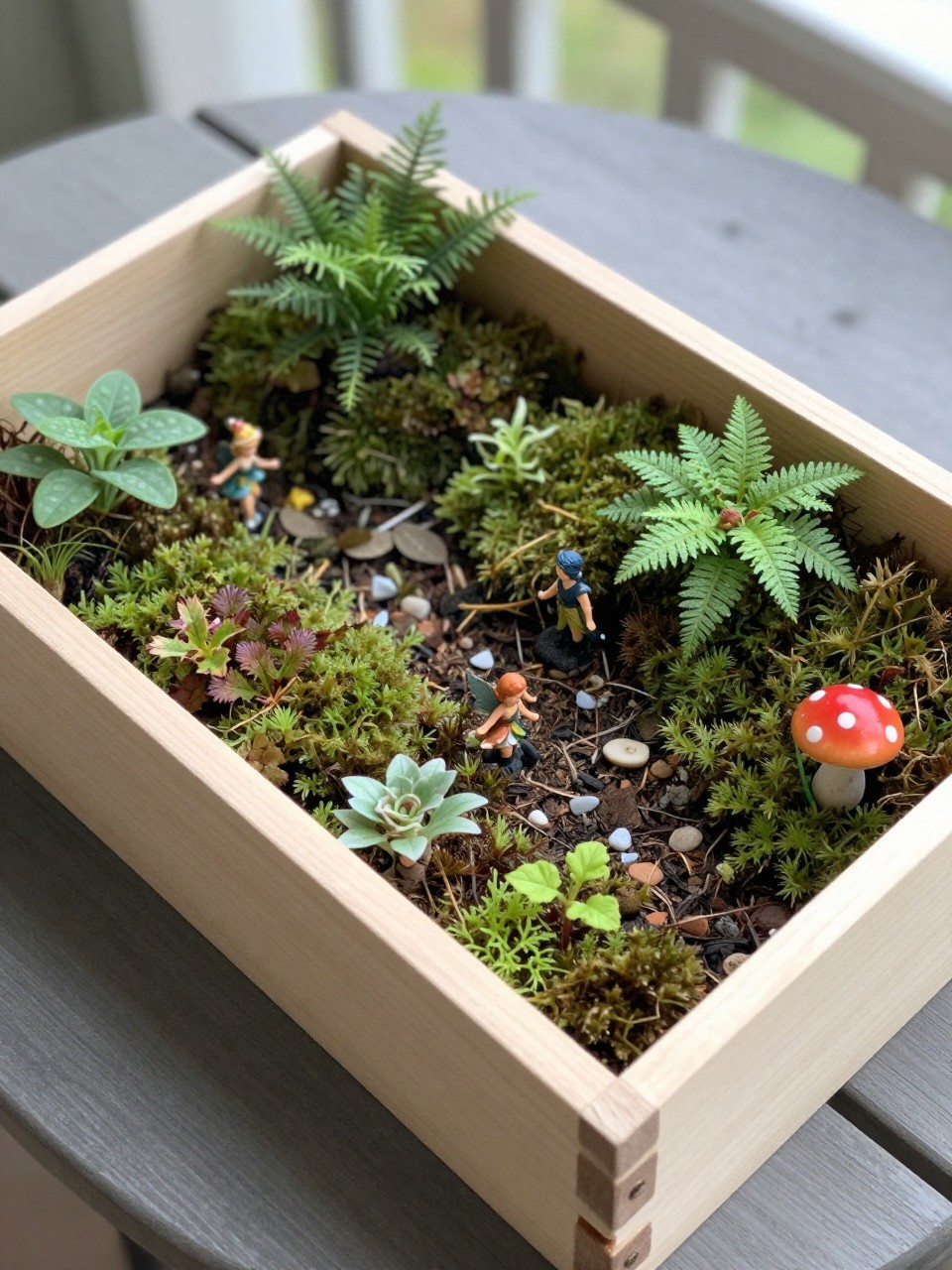 Photo of a shallow drawer transformed into a fairy garden with tiny plants, moss, and miniature fairy figures, close-up overhead view, setting on a porch table, soft morning light, containing a tiny mushroom decoration, iPhone photo quality.