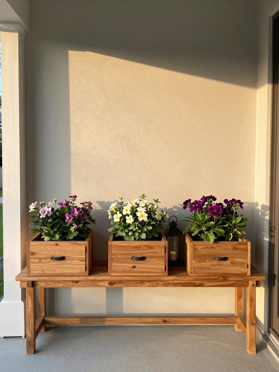Photo of a wooden shelf holding three small drawer planters filled with different flowers, wide view, setting on a covered porch, late afternoon light, containing a lantern on the shelf between them, iPhone photo quality.