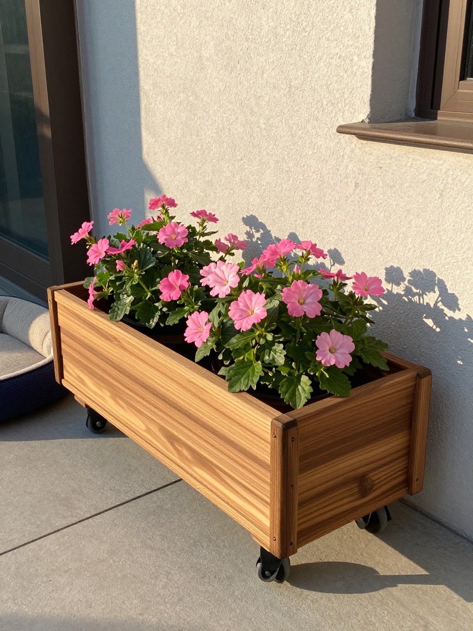 Photo of a wooden drawer planter on casters filled with pink flowers, sitting on a patio, corner angle view, late afternoon light, containing a small dog bed nearby, iPhone photo quality.