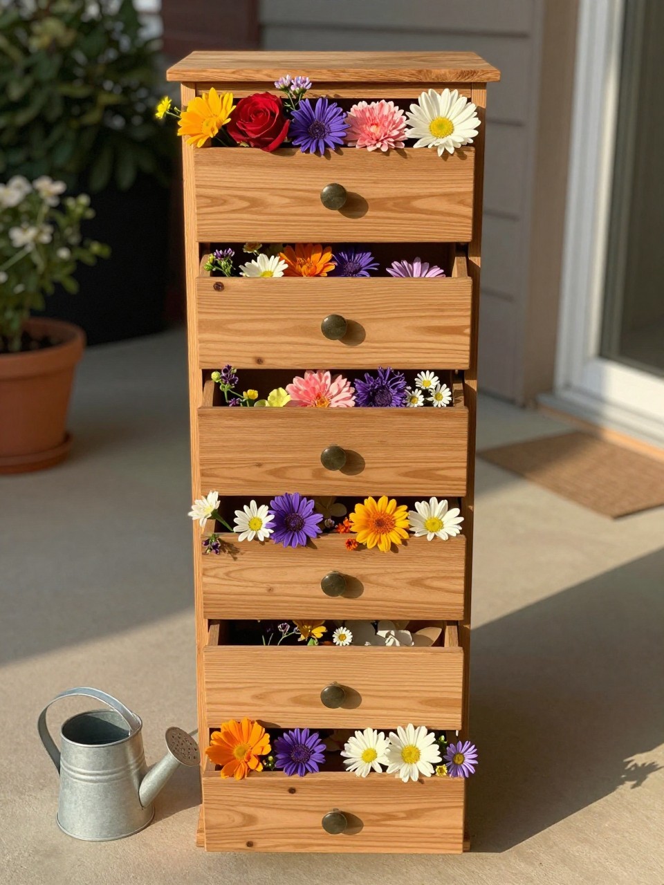 Photo of a tower of stacked wooden drawers of decreasing size, each filled with colorful flowers, straight-on view, setting on a patio, late afternoon light, containing a small watering can on the ground nearby, iPhone photo quality.