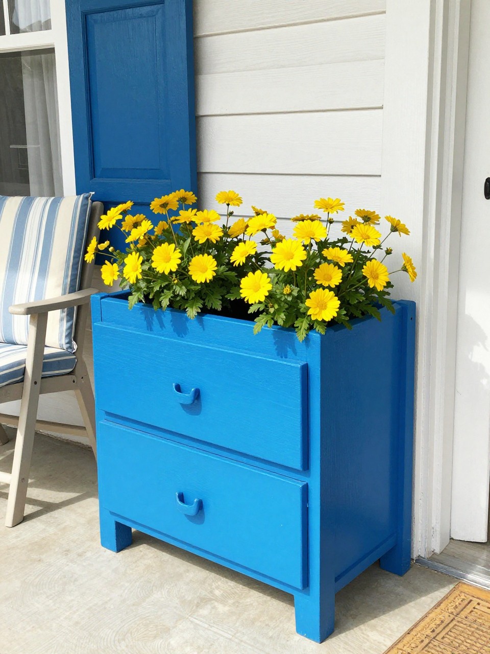 Photo of a bright blue painted wooden drawer filled with yellow flowers on a porch, corner angle view, setting in a cheerful cottage porch, bright midday light, containing a striped cushion on a nearby chair, iPhone photo quality.
