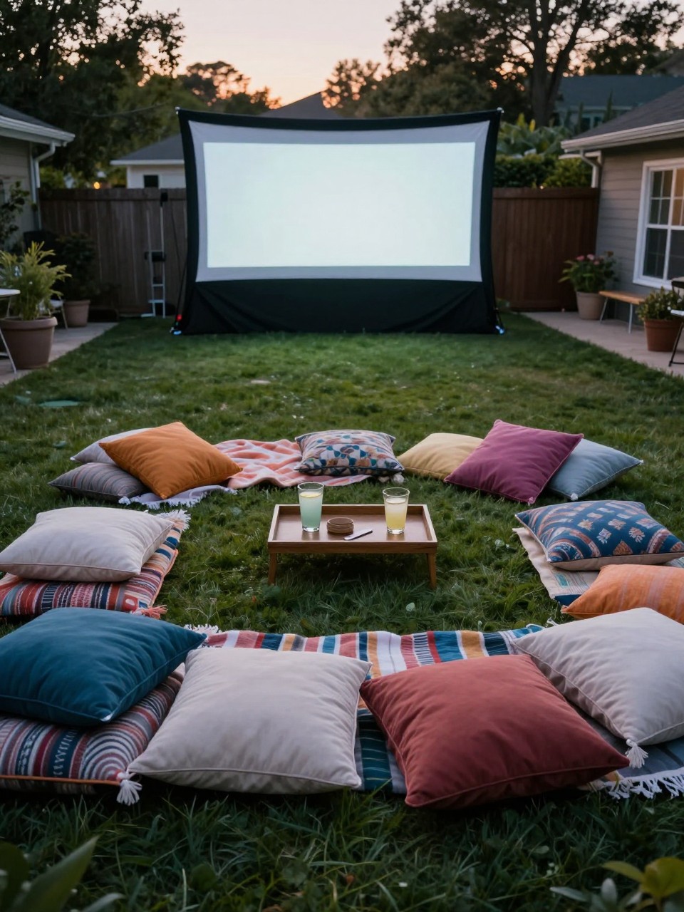 Photo of a backyard lawn covered with colorful pillows, blankets, and floor cushions facing a movie screen, wide overhead view, setting in a backyard at dusk, soft evening light, containing a glass of lemonade on a low tray, iPhone photo quality.