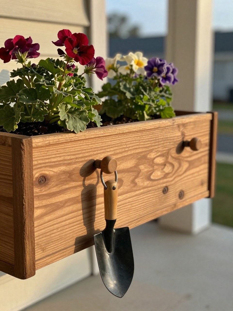 Photo of a wooden drawer planter with flowers growing and small garden tools hanging from its original knobs, close-up view, setting on a porch, late afternoon light, containing a small trowel hanging from one knob, iPhone photo quality.