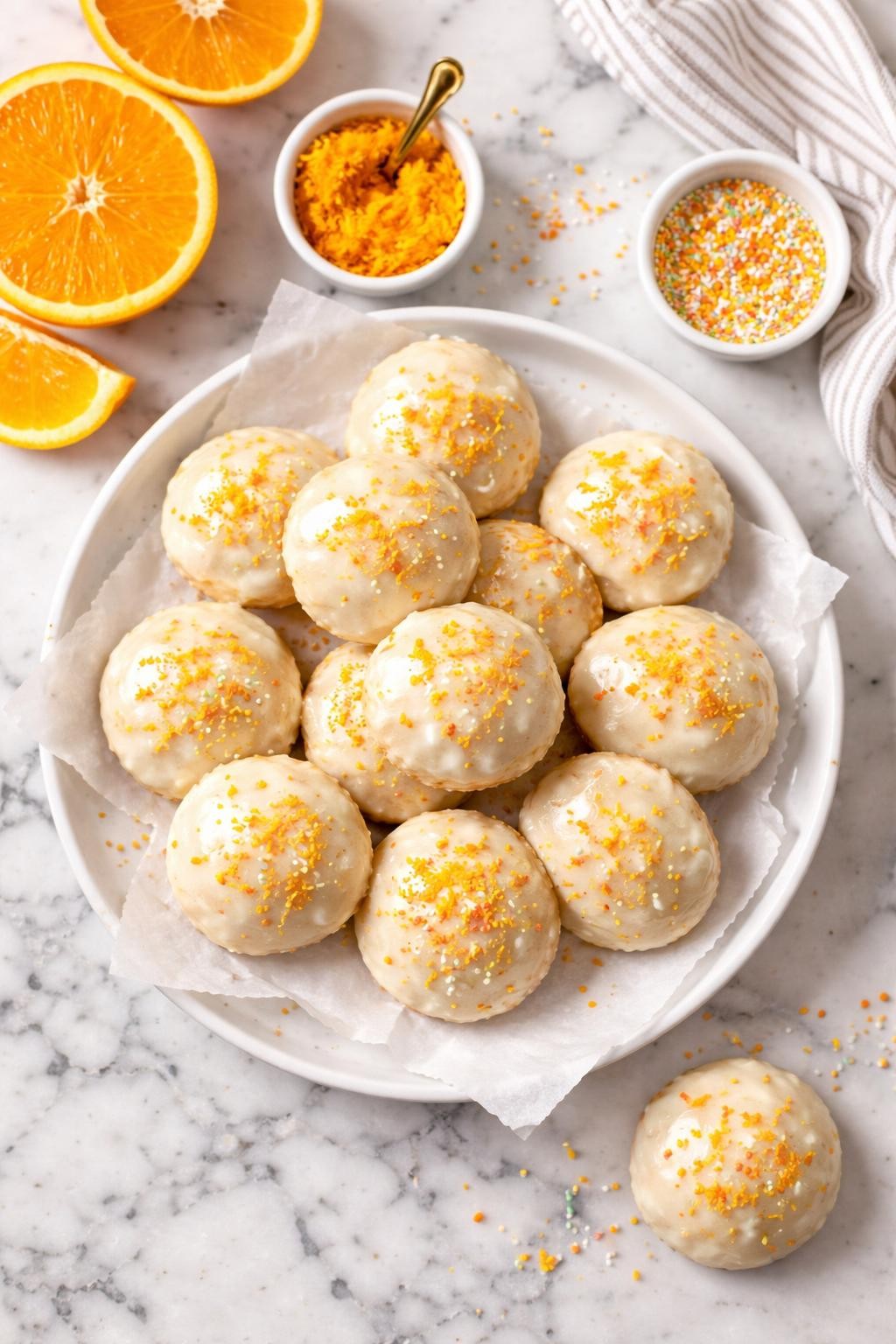 An overheard picture view of a plate of  Orange Zest Italian Cookies  sitting on a marble countertop table in the kitchen, professional food photography style.

