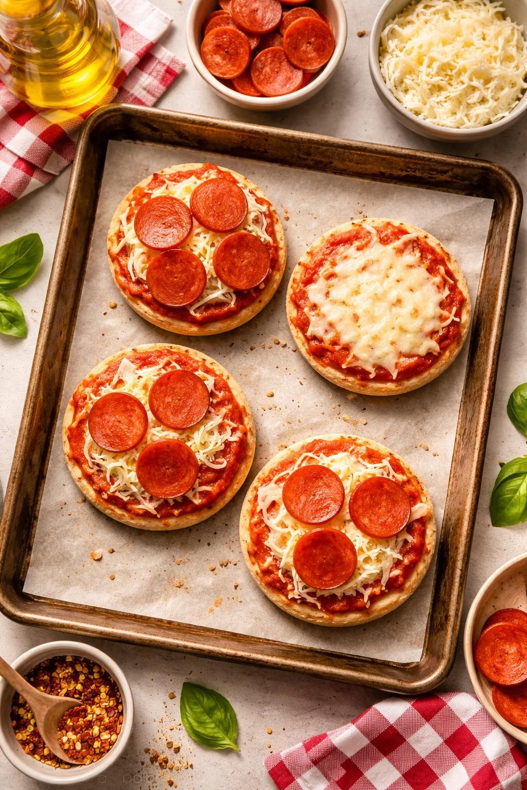 "Top-down realistic shot of a baking sheet with four mini pizzas made from English muffins, each topped with red sauce, shredded mozzarella, and a few pepperoni slices. One pizza has only cheese. Soft warm light, customizable and fun family meal, no people, no hands, no text, no watermarks."