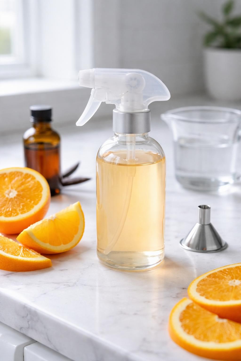 A realistic close-up photo of a clear spray bottle filled with orange vanilla homemade air freshener on a clean white marble countertop. Orange slices, a small bottle of vanilla fragrance oil, a glass measuring cup, and a tiny funnel are arranged neatly around the bottle. Bright cool-toned natural light, crisp detail, realistic texture, clean minimal setup, strong focus on the spray bottle and citrus details, no people, no text, (no watermarks on images)