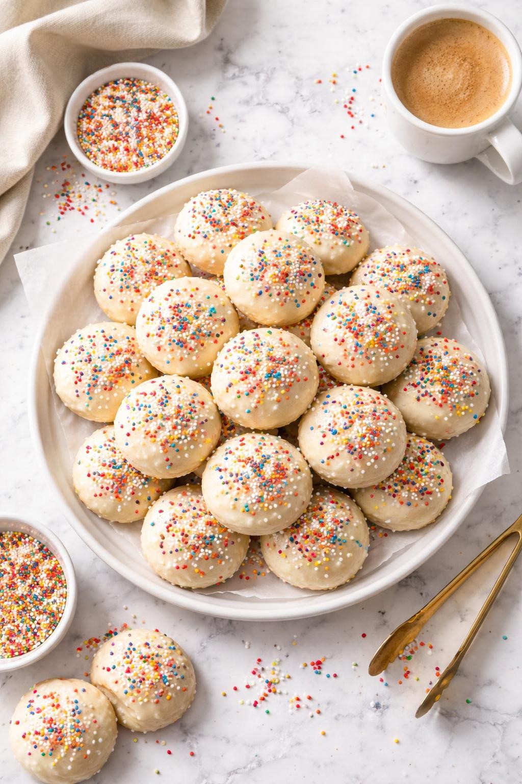 An overheard picture view of a plate of Italian Sprinkle Cookies   sitting on a marble countertop table in the kitchen, professional food photography style.
