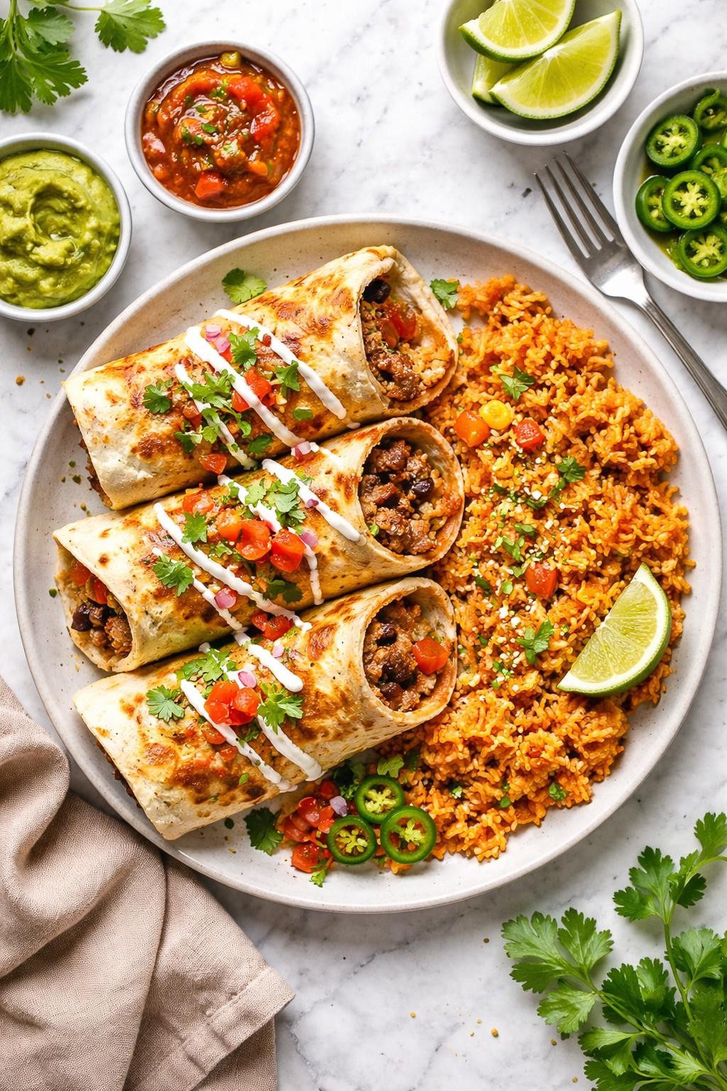 An overheard picture view of a plate of Beef Burritos with Mexican Rice sitting on a marble countertop table in the kitchen, professional food photography style.