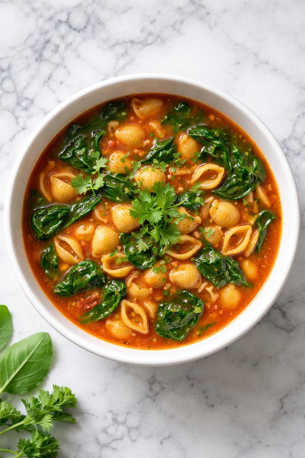 Image Prompt: Realistic top-down editorial food photography of Mexican sopita with spinach in a white bowl on a clean white and gray marble countertop, small pasta in tomato broth with wilted spinach leaves and cilantro garnish, bright natural daylight, fresh homemade soup mood, no people, no hands, no text, no watermarks, no props with writing.
