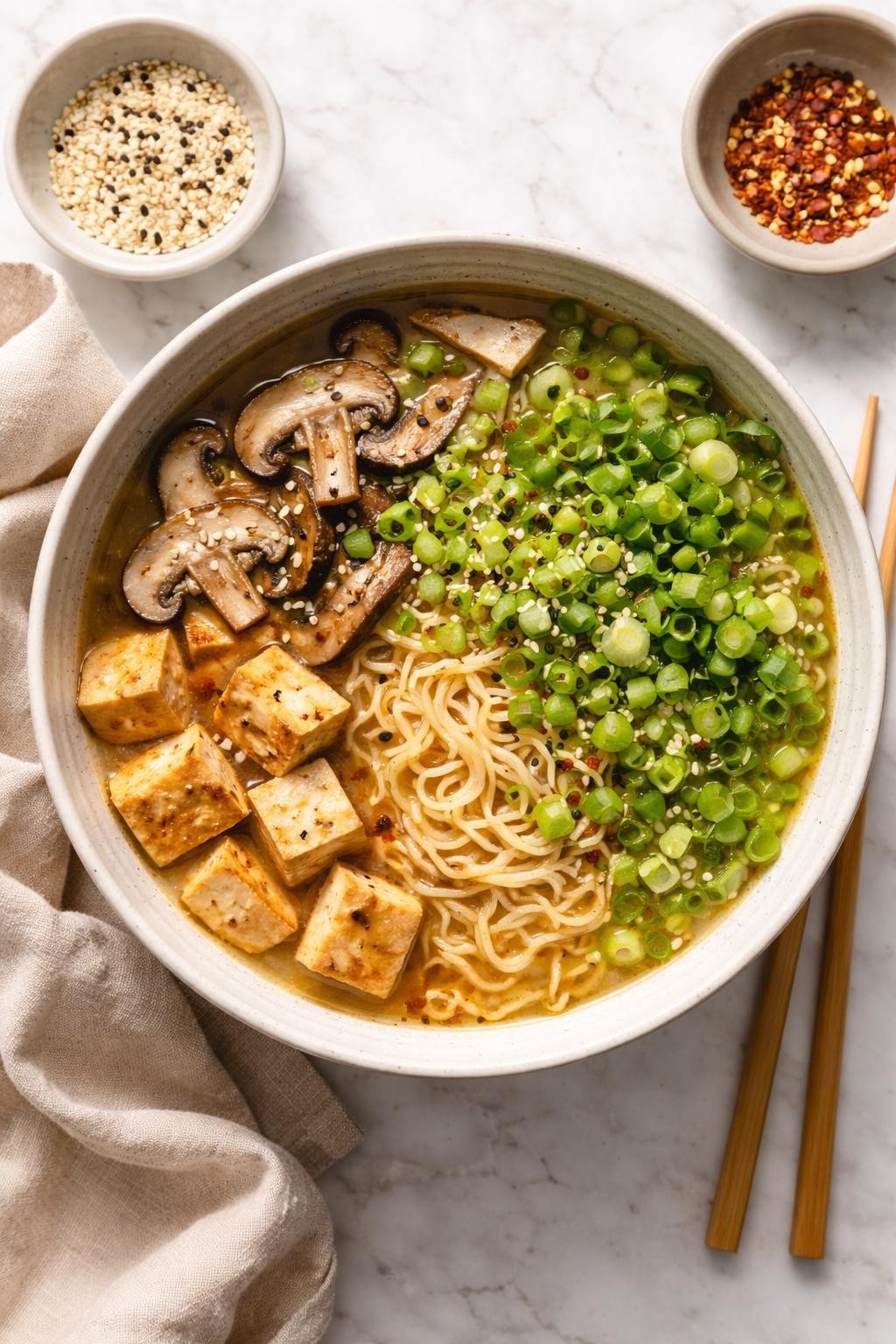 Image Prompt: Realistic top-down editorial food photography of a bowl of scallion and sesame vegan ramen on a white marble countertop, filled with ramen noodles, light savory broth, lots of sliced scallions, tofu cubes, mushrooms, sesame seeds, and chili flakes, simple cozy homemade ramen styling, bright natural daylight, soft shadows, clean editorial composition, high detail, realistic texture, no people, no hands, no text, no watermarks, no props with writing.