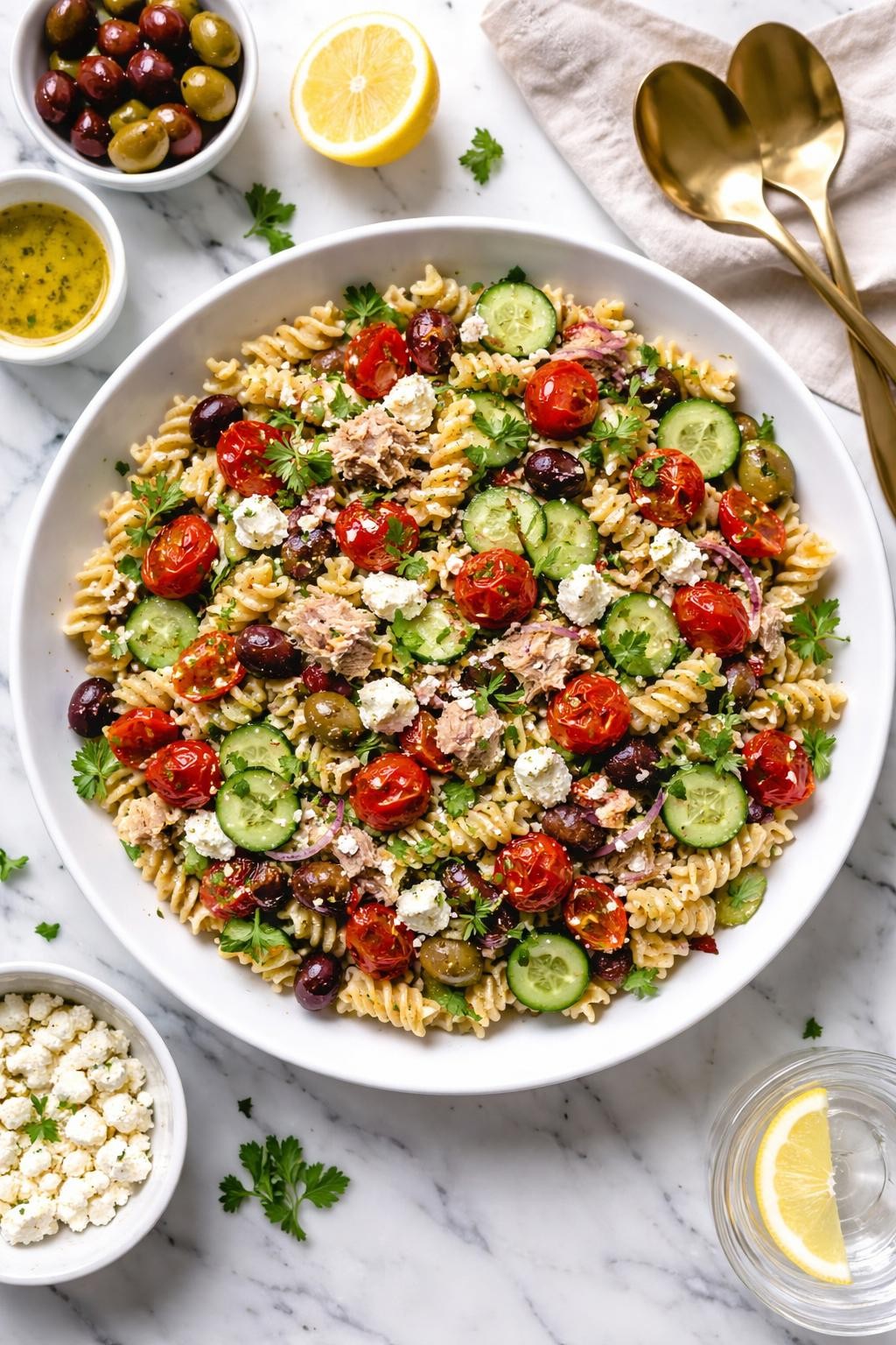 An overheard picture view of a plate of Mediterranean Tuna Pasta Salad with Roasted Tomatoes sitting on a marble countertop table in the kitchen, professional food photography style.
