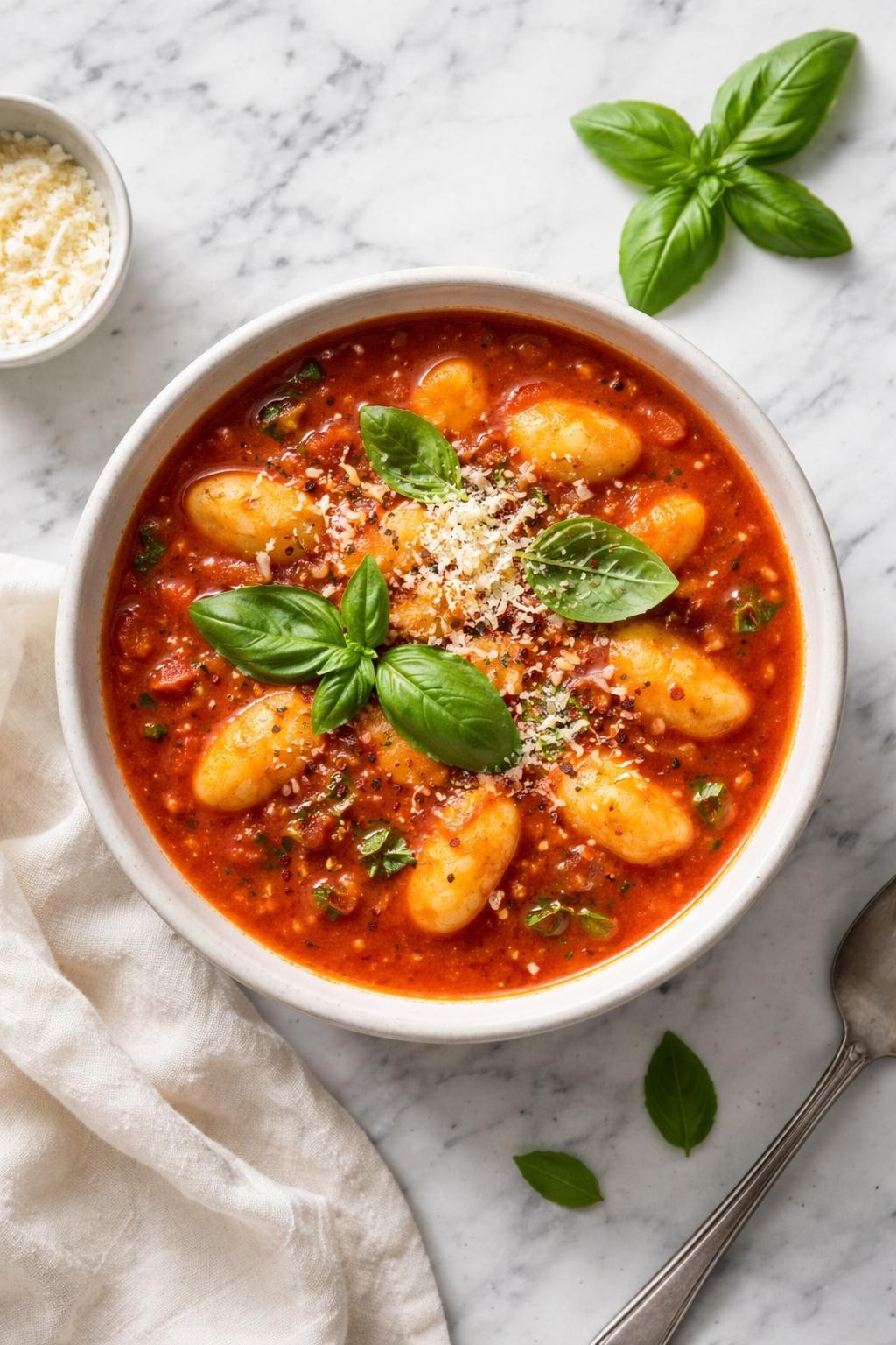 Image Prompt: Realistic top-down editorial food photography of tomato basil gnocchi soup in a simple ceramic bowl on a clean white and gray marble countertop, rich red tomato broth with soft gnocchi, fresh basil leaves, and parmesan on top, cozy homemade meal styling, bright natural window light, soft shadows, no people, no hands, no text, no watermarks, no props with writing.