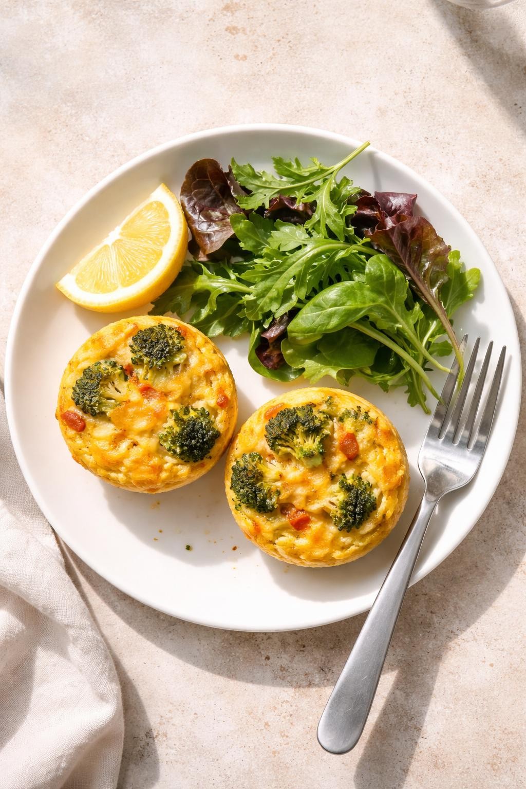 Photo prompt: Realistic top-down editorial food photography of a white plate with two mini frittatas (egg muffins) next to a small handful of mixed salad greens with a lemon wedge. The frittatas are golden with bits of broccoli and cheddar. A fork on the side. Bright natural light, low-carb lunch box meal mood, no people, no hands, no text, no watermarks, no props with writing.