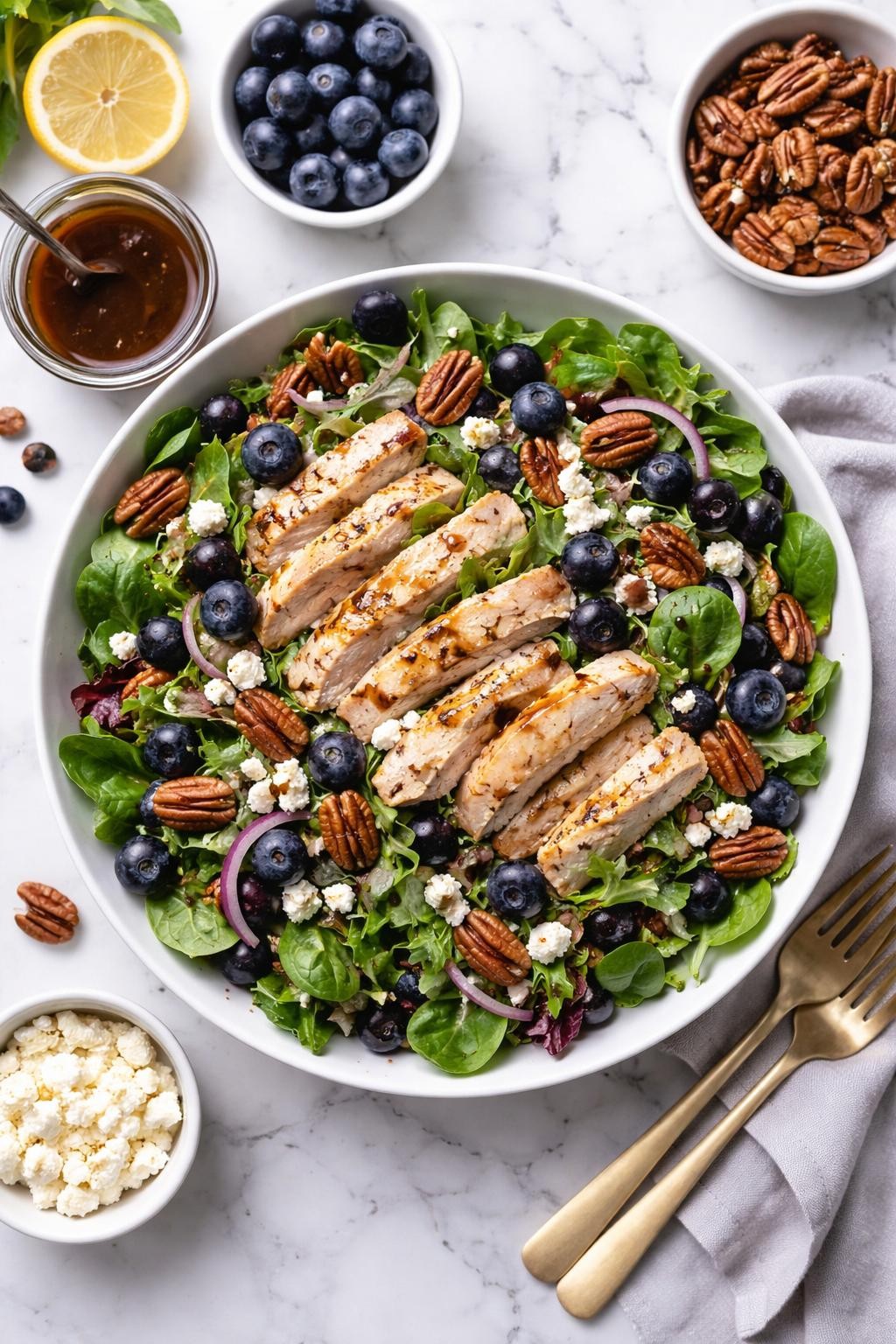 An overheard picture view of a plate of Blueberry Chicken Salad with Pecans sitting on a marble countertop table in the kitchen, professional food photography style.