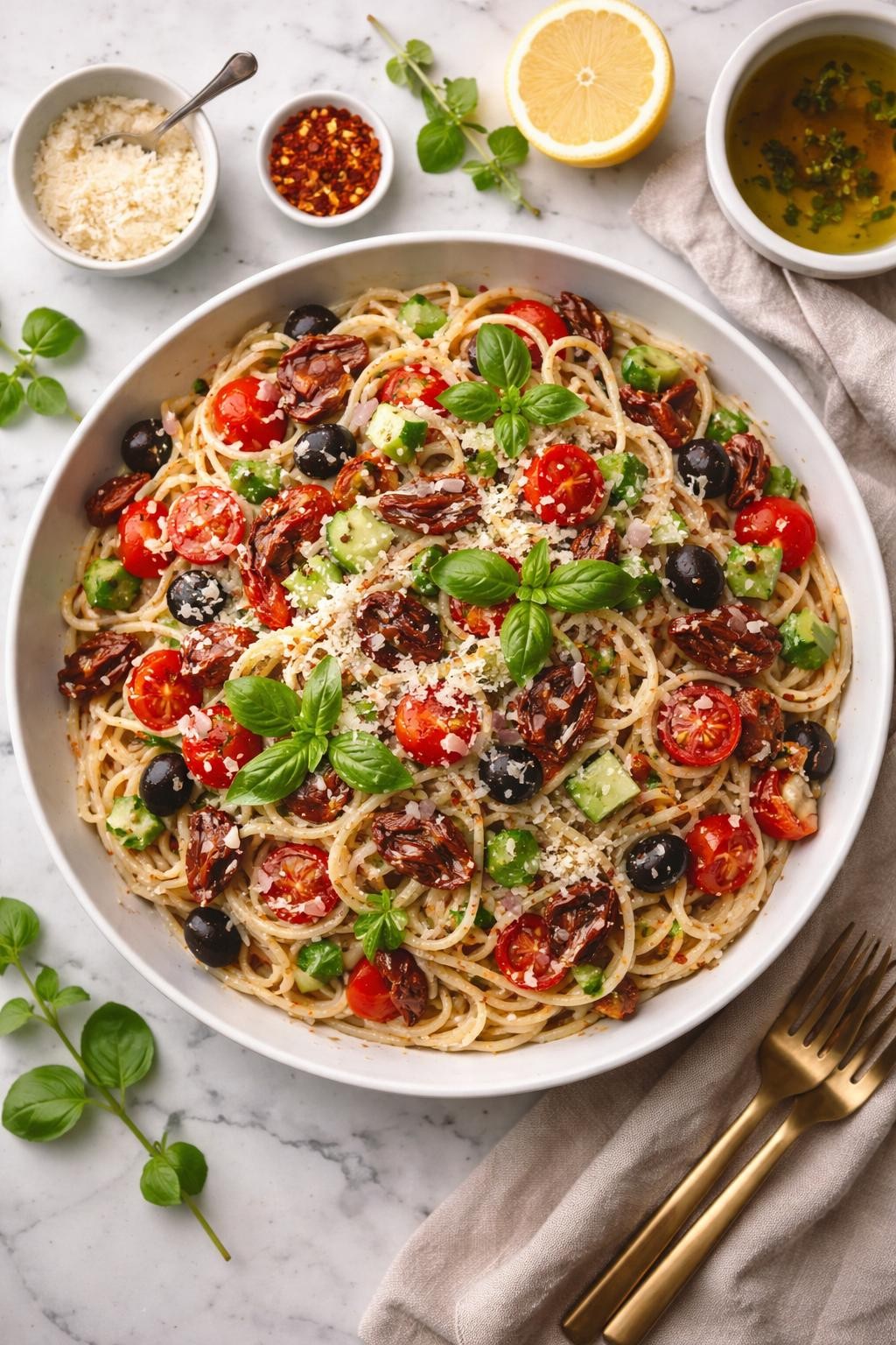 An overheard picture view of a plate of   Cold Spaghetti Salad with Sun-Dried Tomatoes sitting on a marble countertop table in the kitchen, professional food photography style.
