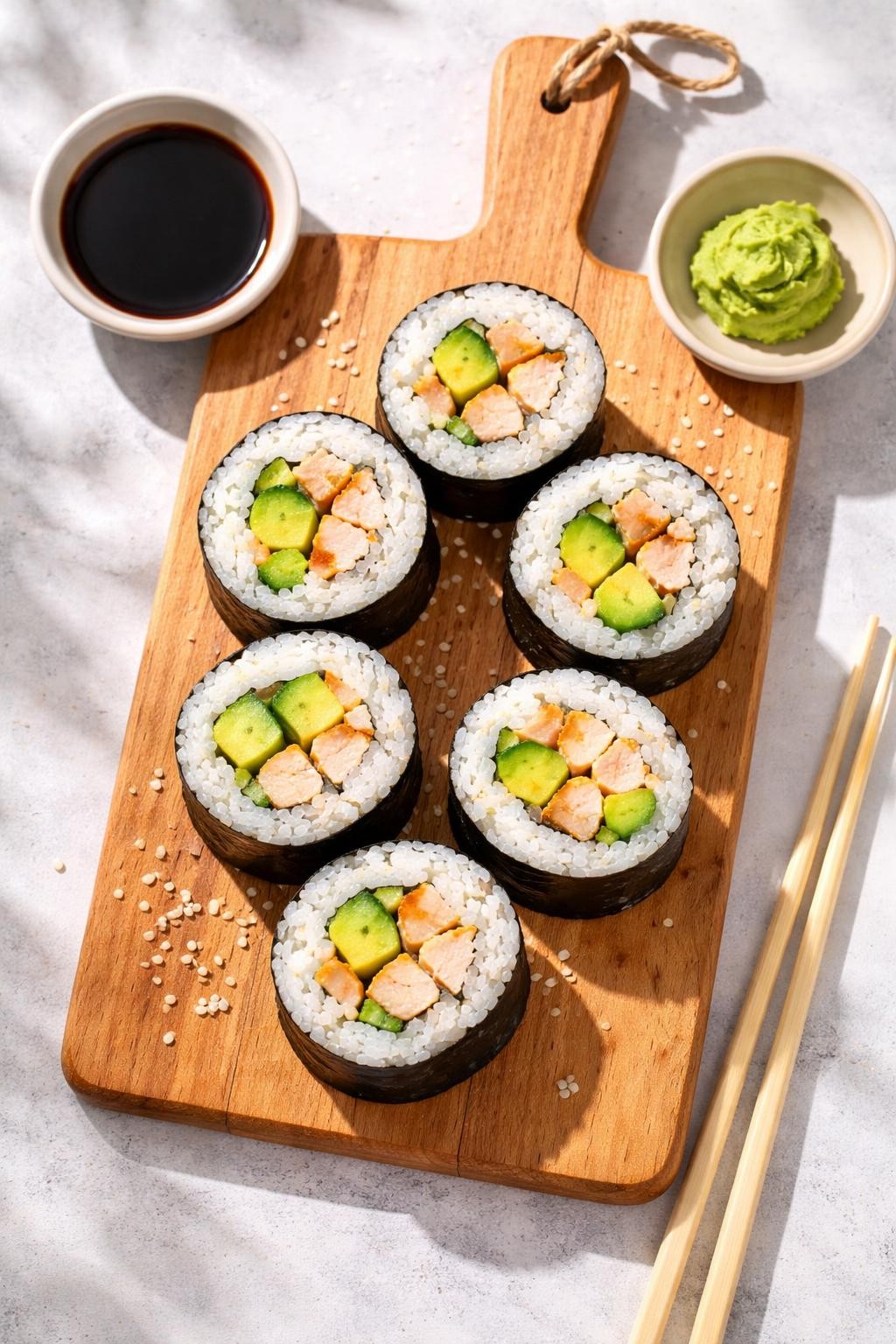 Photo prompt: Realistic top-down editorial food photography of a wooden cutting board with six thick sushi rolls sliced into rounds, showing rice, cooked chicken, cucumber, and avocado inside. A small container of soy sauce and wasabi nearby. Bright natural light, fun lunch box sushi idea mood, no people, no hands, no text, no watermarks, no props with writing.