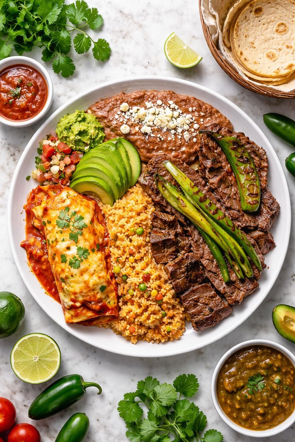 An overheard picture view of a plate of Tampiqueña   sitting on a marble countertop table in the kitchen, professional food photography style.
