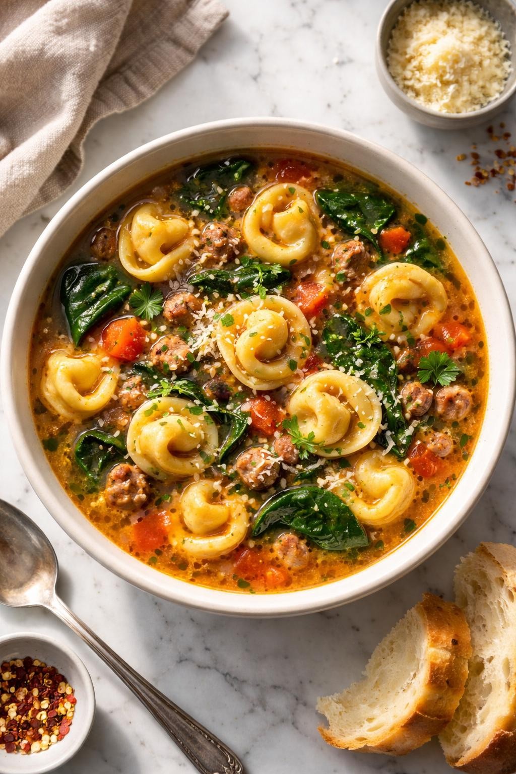 Image Prompt: Realistic top-down editorial food photography of sweet Italian sausage tortellini soup in a bowl on a white marble countertop, broth filled with sweet Italian sausage, cheese tortellini, spinach, tomatoes, and herbs, bright natural window lighting, soft shadows, cozy homemade soup mood, high detail, realistic food texture, no people, no hands, no text, no watermarks, no props with writing.