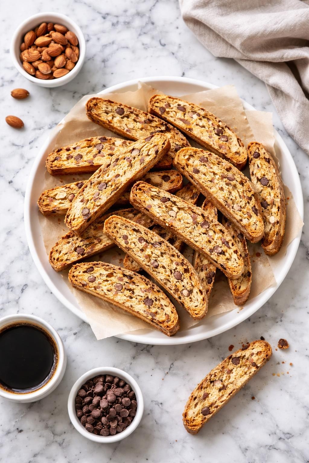 An overheard picture view of a plate of  Biscotti  sitting on a marble countertop table in the kitchen, professional food photography style.
