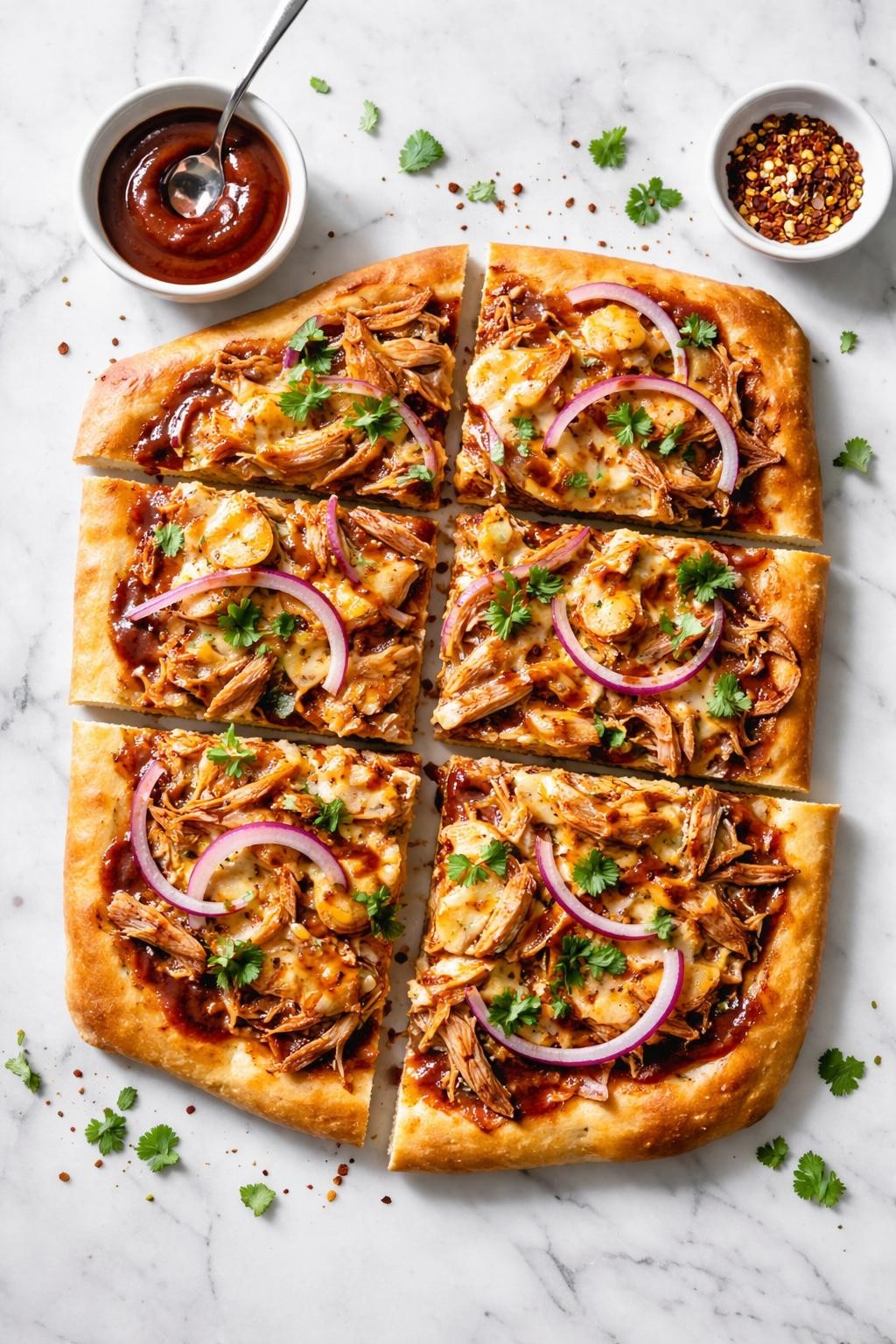 Prompt: Top-down realistic editorial food photography of BBQ chicken flatbread on a clean white marble countertop, flatbread topped with shredded rotisserie chicken, barbecue sauce, melted cheese, and sliced red onions, cut into pieces with golden edges and a homemade casual dinner look, bright natural daylight, soft shadows, clean composition, high detail, realistic food texture, no people, no hands, no text, no watermarks, no props with writing.