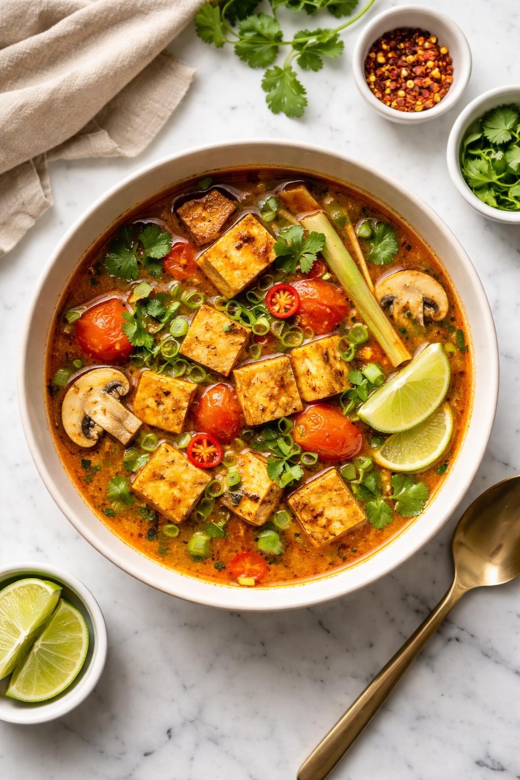 An overheard picture view of a plate of Spicy Lemongrass Tofu Soup sitting on a marble countertop table in the kitchen, professional food photography style.