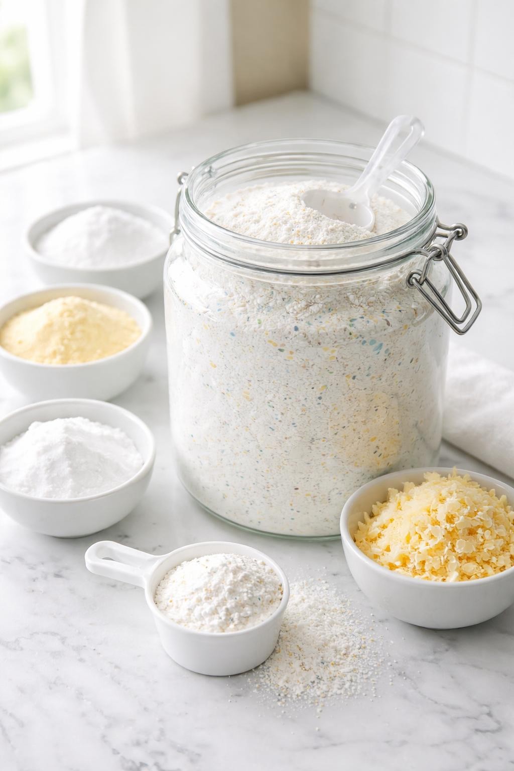 A realistic close-up photo of a jar filled with no-borax homemade laundry detergent powder on a clean white marble countertop table. Small bowls of washing soda, baking soda, grated laundry soap, and a scoop are placed neatly around the jar. Bright natural light, crisp detail, realistic texture, clean minimal setup, strong focus on the powder detergent and clean storage setup, no people, no text, (no watermarks on images)