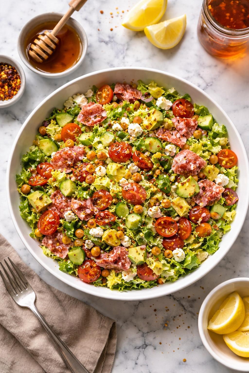 An overheard picture view of a plate of Chopped Salad with Soppressata and Hot Honey sitting on a marble countertop table in the kitchen, professional food photography style.