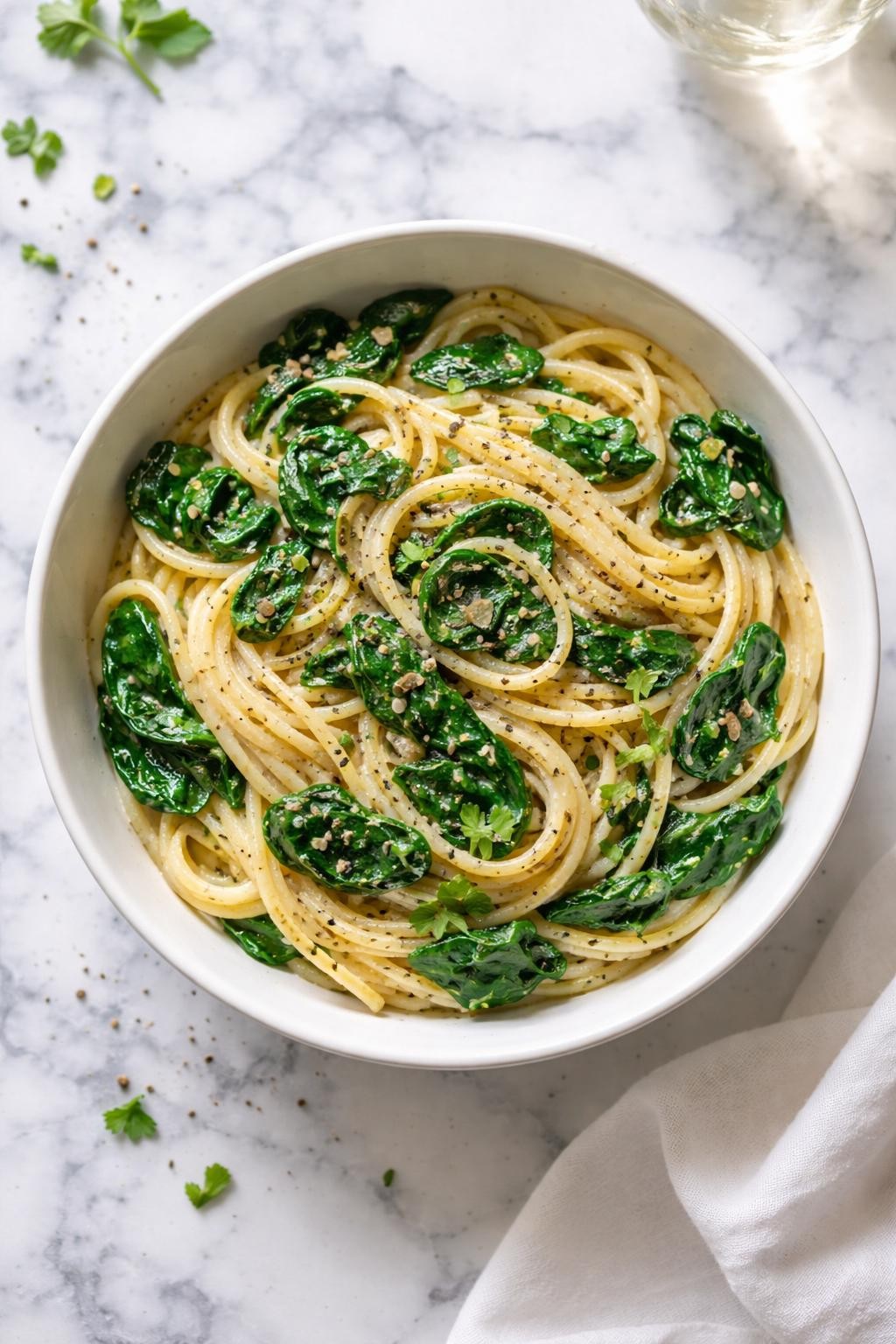 Top-down realistic editorial food photography of a bowl of vegan spinach pasta on a clean white and gray marble countertop, tender pasta tossed with wilted spinach, garlic, olive oil, and a light creamy sauce, finished with black pepper and fresh herbs, warm simple homemade dinner mood, bright natural window lighting, soft shadows, clean composition, high detail, realistic food texture, no people, no hands, no text, no watermarks, no props with writing.
