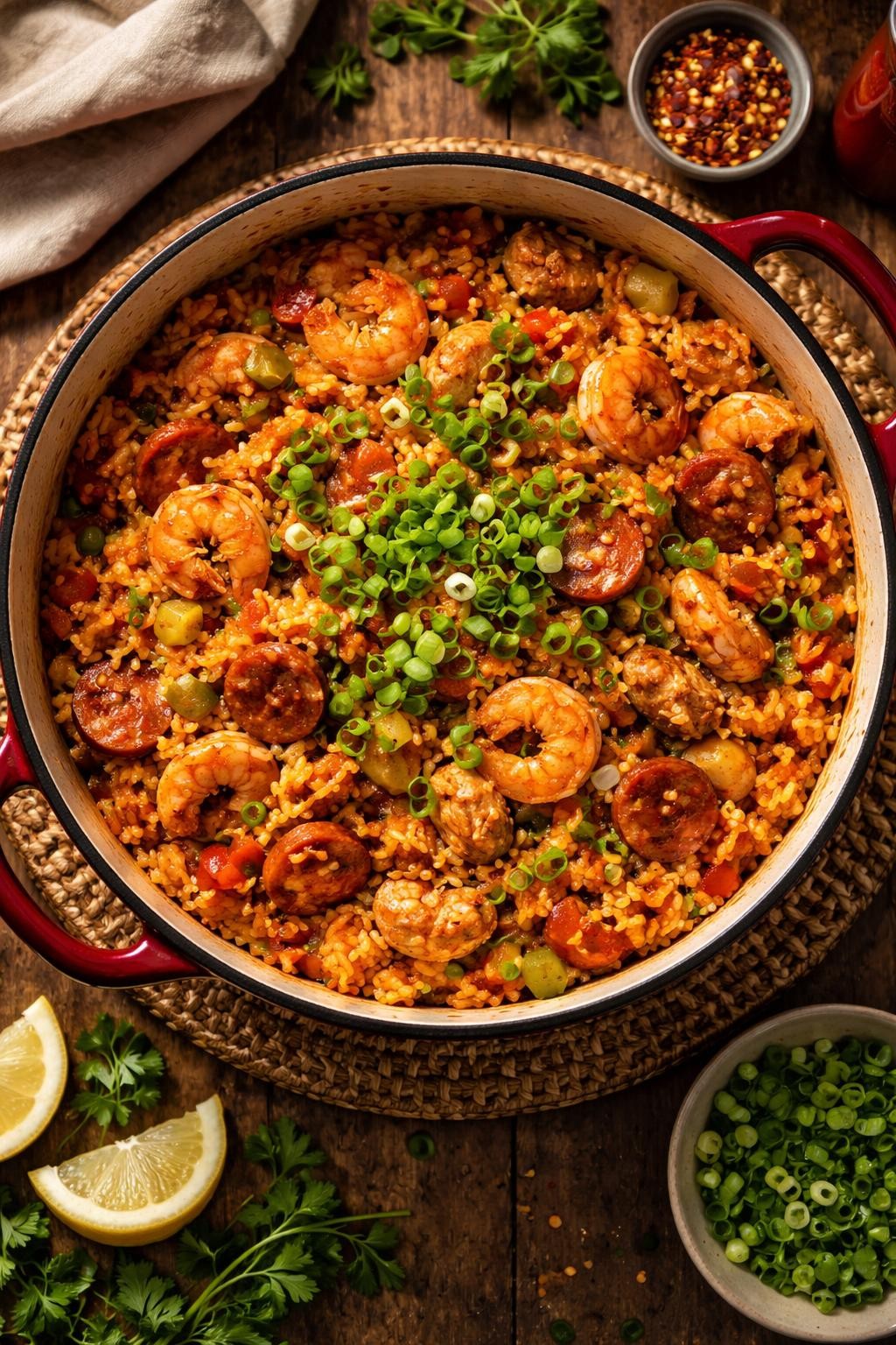"Realistic top-down food photography of a large pot of jambalaya on a trivet. The jambalaya is a reddish-orange mixture of rice, shrimp, sausage, chicken, and the holy trinity of onion, bell pepper, and celery. Fresh green onions on top. Warm southern lighting, bold and spicy one-pot dinner, no people, no hands, no text, no watermarks."
