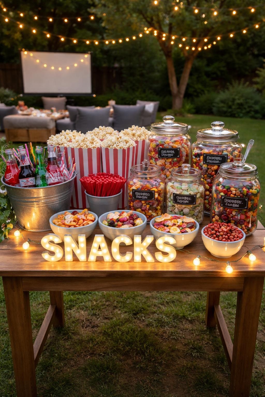 Photo of a outdoor table set up as a snack bar with popcorn, candy jars, and drinks, straight-on view, setting in a backyard near the movie seating, evening light, containing a string of battery-powered lights on the table, iPhone photo quality.