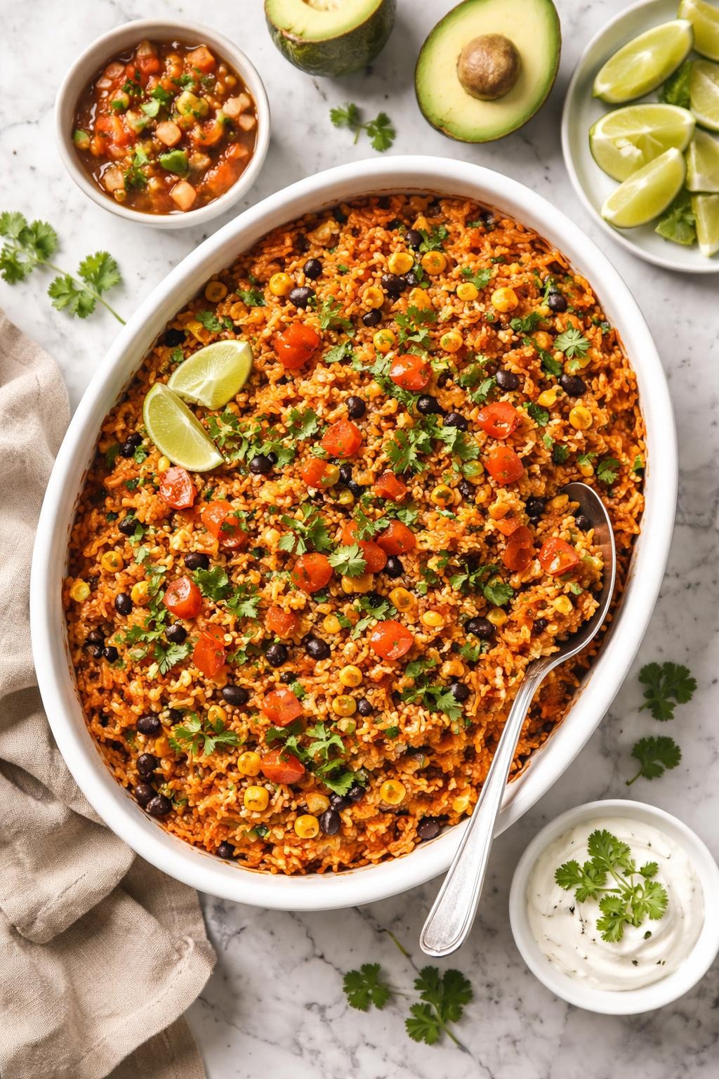 An overheard picture view of a plate of Oven-Baked Mexican Rice sitting on a marble countertop table in the kitchen, professional food photography style.