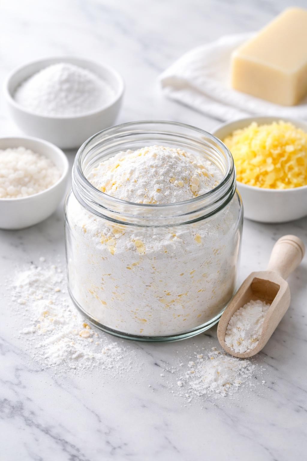 A realistic close-up photo of a small glass jar filled with quick homemade laundry powder on a clean white marble countertop. Small bowls of washing soda, baking soda, grated laundry soap, and a little scoop are arranged neatly around the jar. Bright cool-toned natural light, crisp detail, realistic texture, clean minimal setup, strong focus on the powder detergent and small-batch styling, no people, no text, (no watermarks on images)
