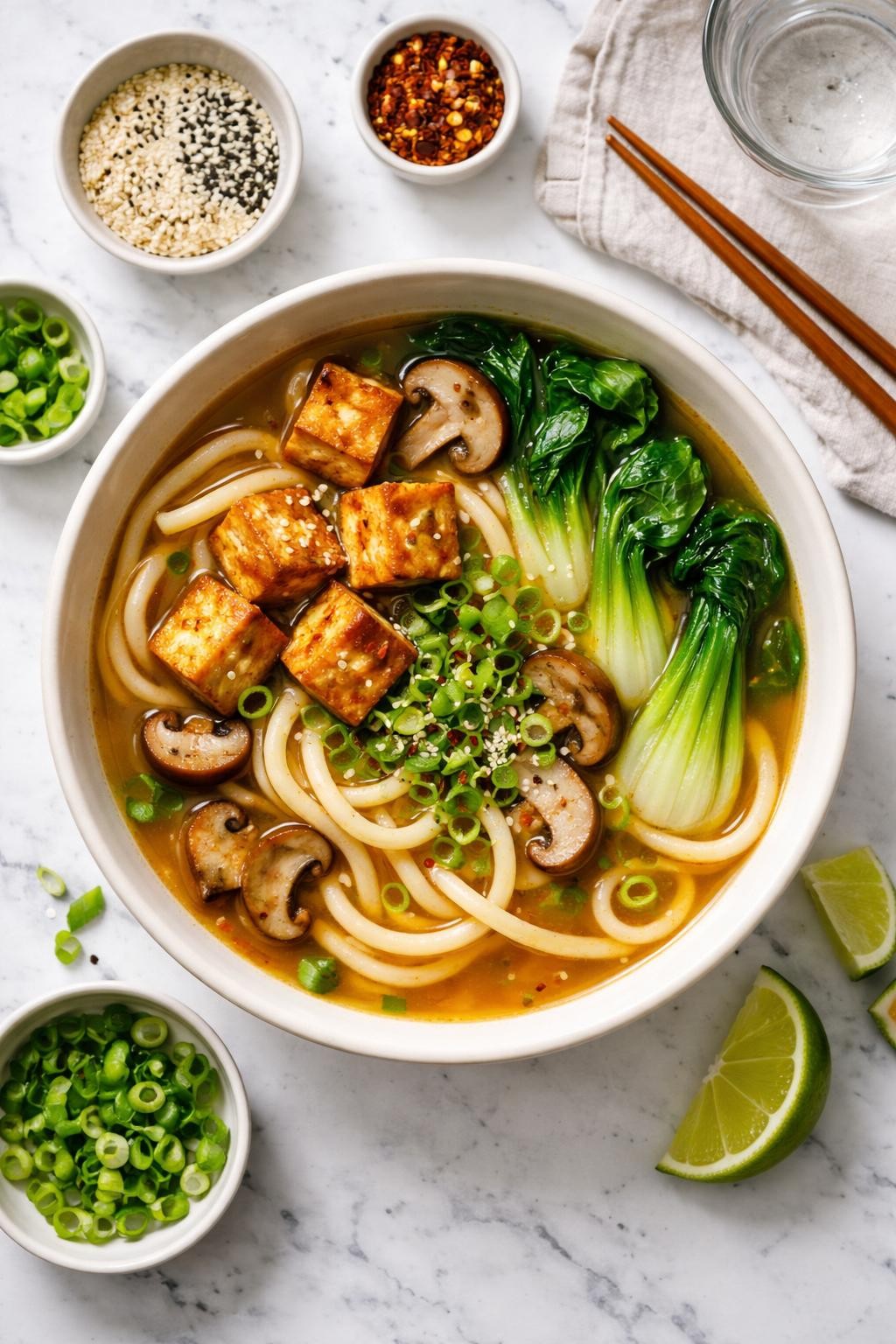An overheard picture view of a plate of Quick Miso Udon with Tofu sitting on a marble countertop table in the kitchen, professional food photography style.